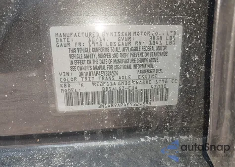 2014 Nissan Sentra Sl z USA, uszkodzony, nr VIN 3N1AB7AP4EY324524